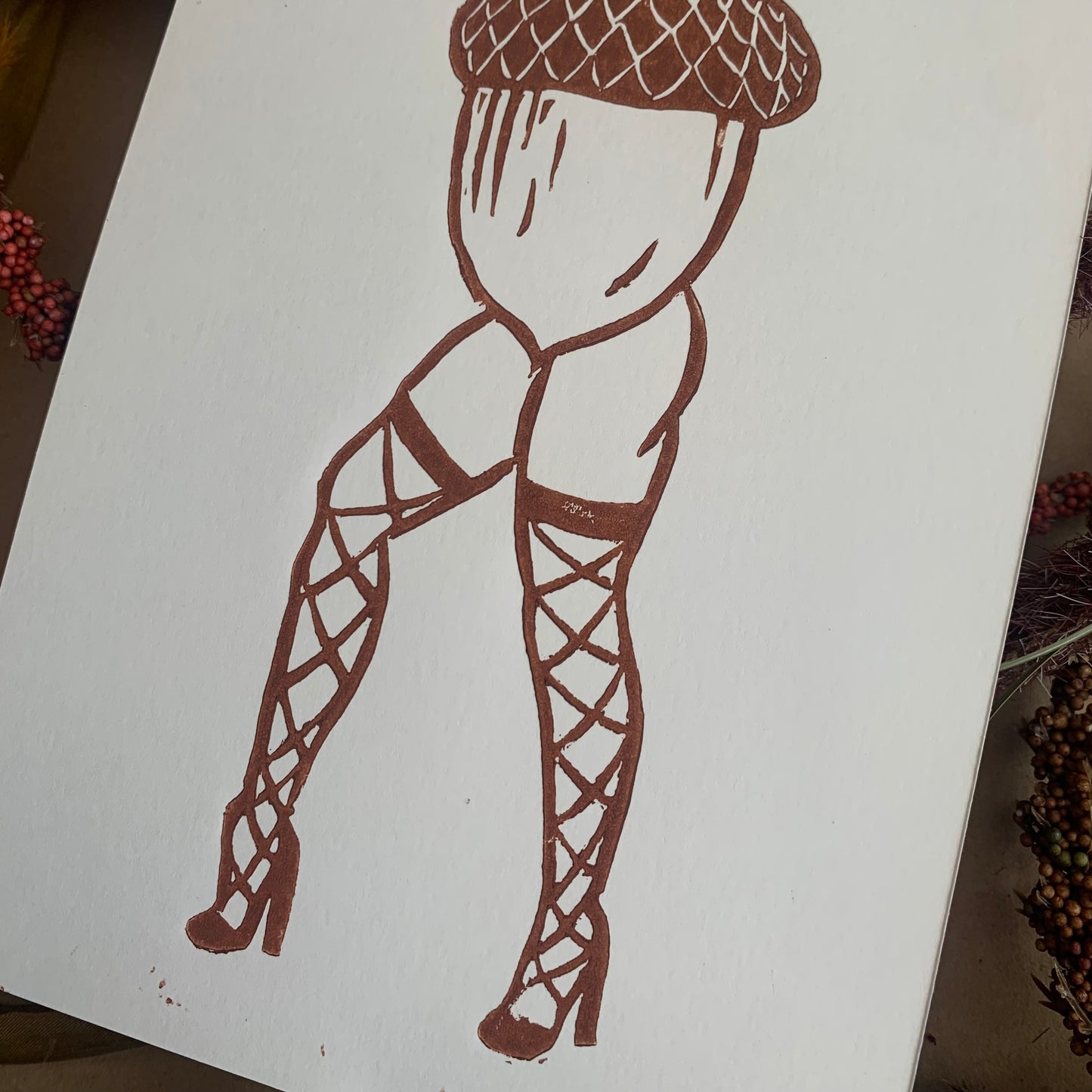 sexy acorn lino print