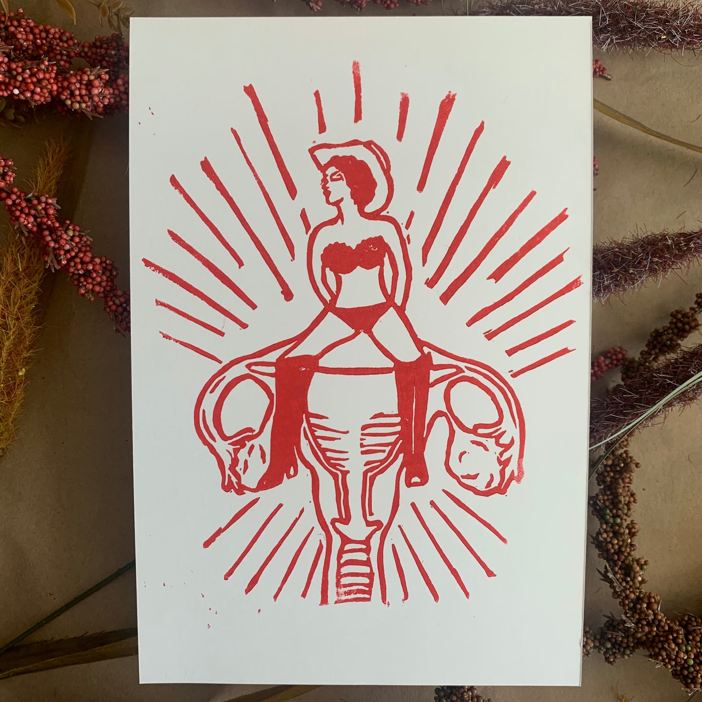 "my uterus, not yours" red lino print