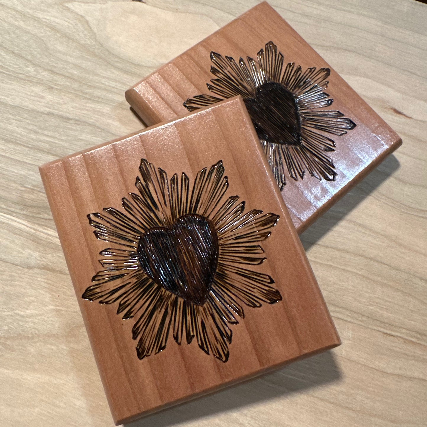 heart redwood coaster set