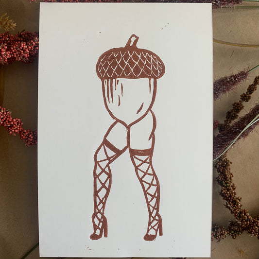 sexy acorn lino print